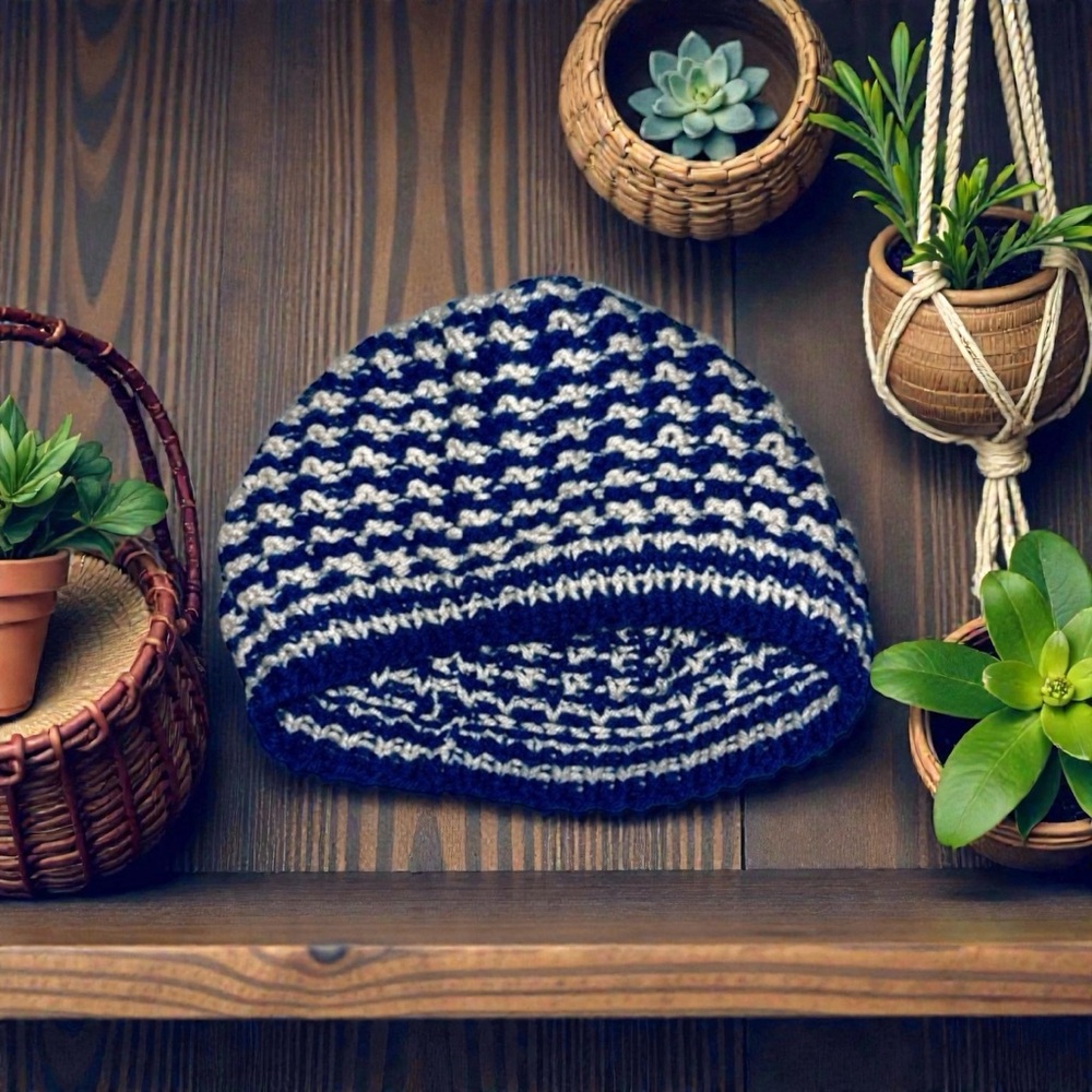 Hand Knit Blue & White Beanie Warm Artisan Hat Soft Outdoors Gorpcore Cap Unisex